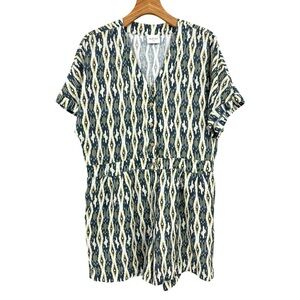 Wrap London 100% Linen Ikat V-Neck Dolman Sleeve Shorts Romper in Size US 10